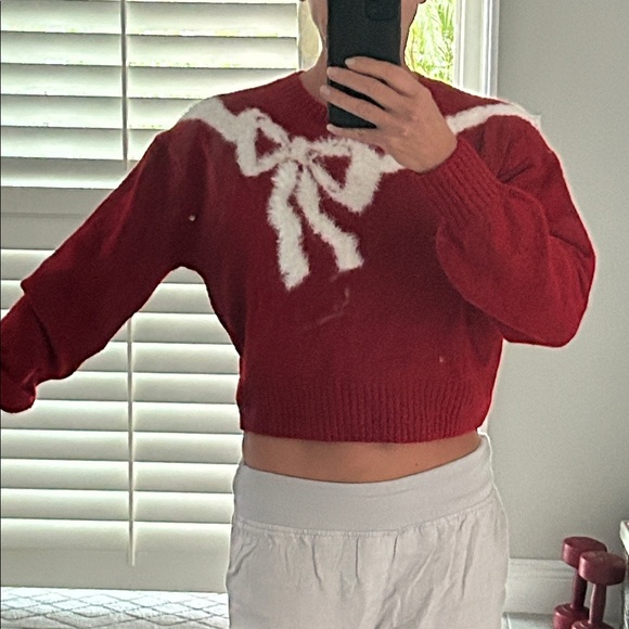 Sincerely Jules Red Sweater with White Bow Accent - Picture 4 of 5